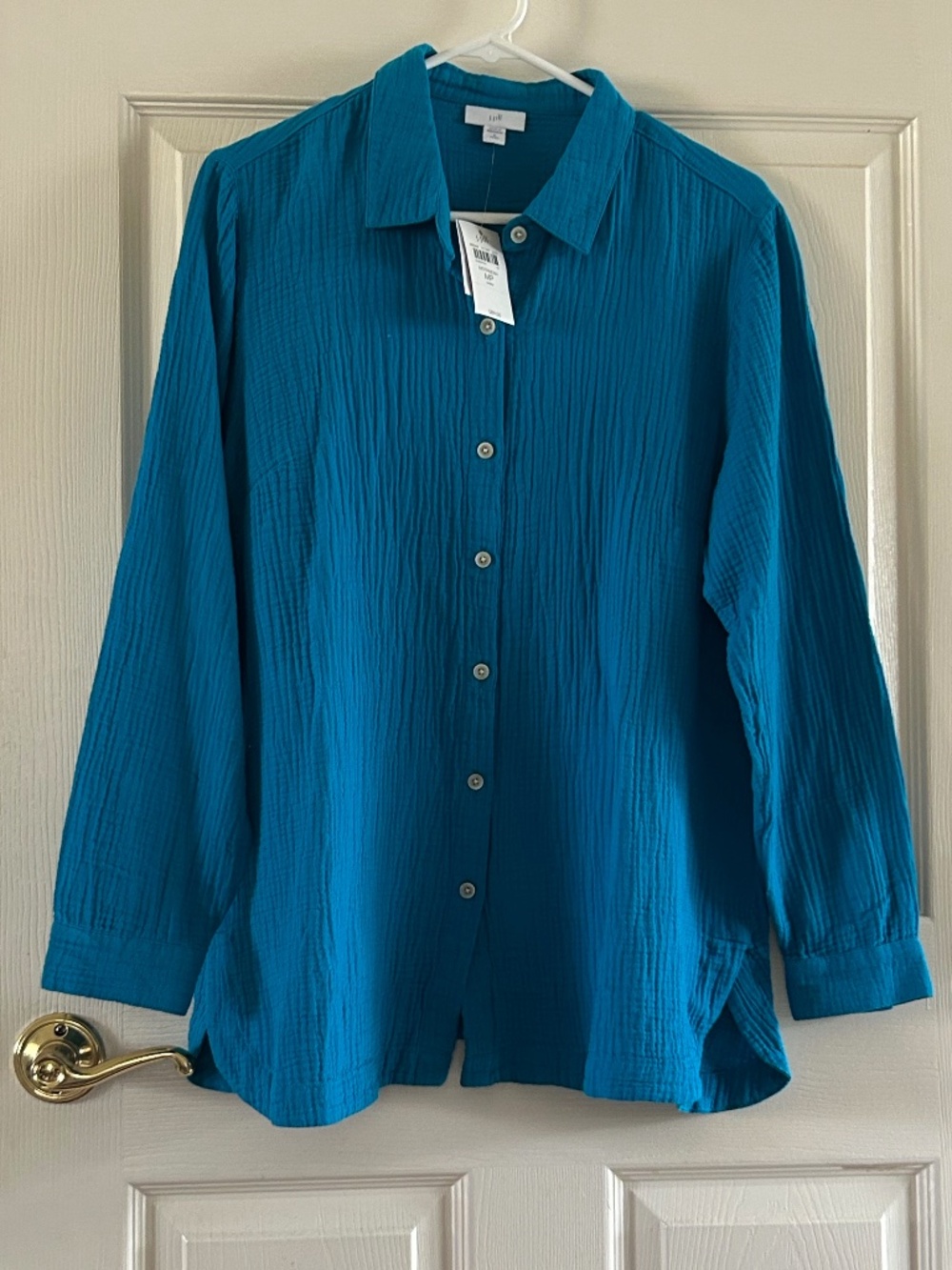 J. Jill Teal Button-Down Crinkle Long-Sleeve Shirt